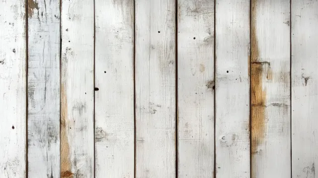 Close-up of vertically aligned weathered white wooden planks with visible grain, scratches, and faded paint.