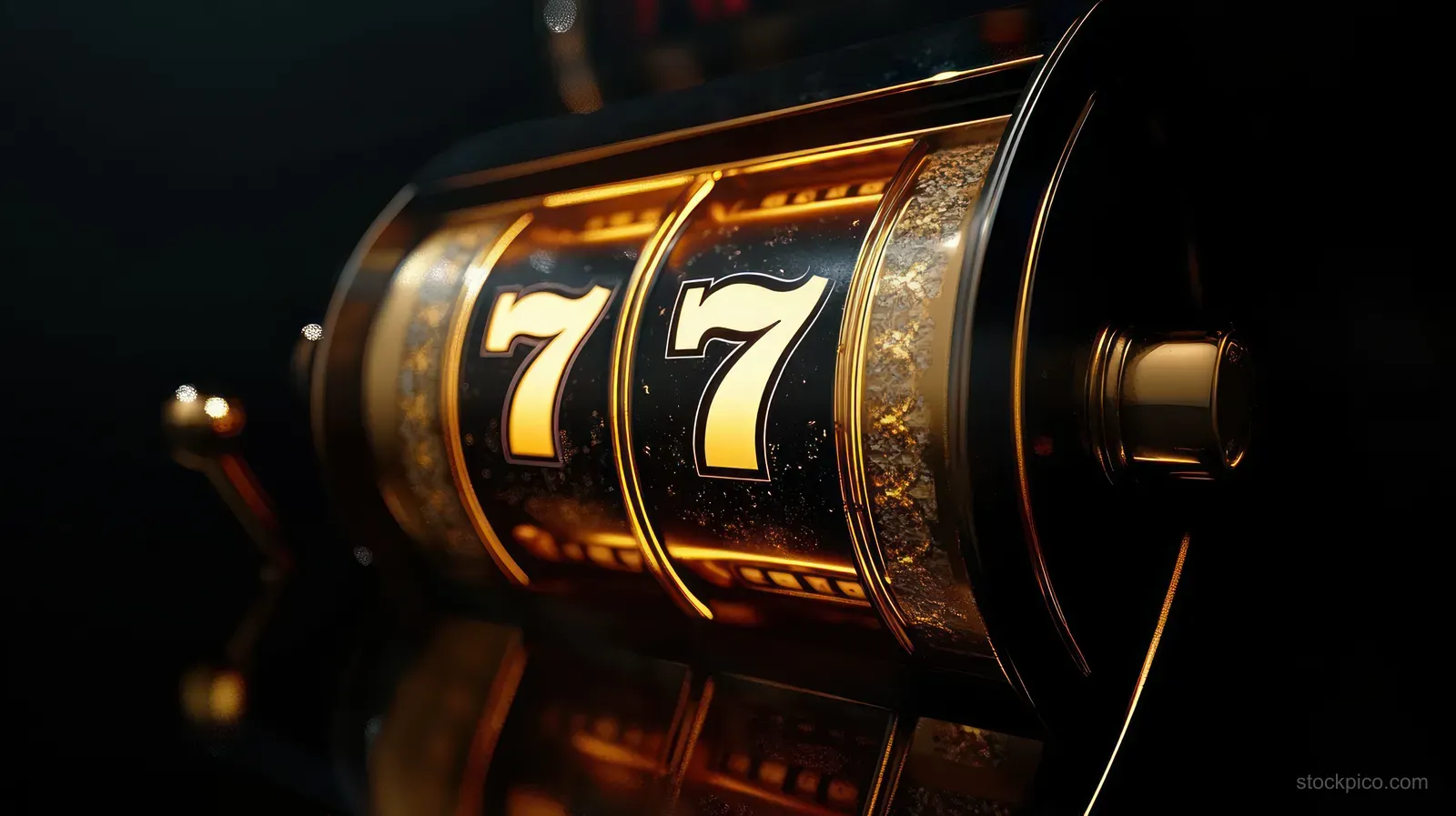 Close-up 3D vintage slot machine showing two glowing 7 symbols on gold and black metallic panels.