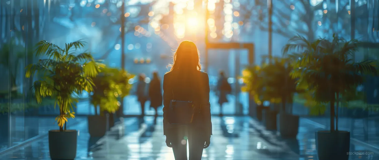 A businessperson walks through a bright glass office lobby lined with potted plants as pedestrians blur behind.