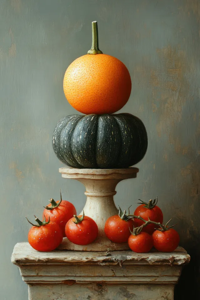 Tomatoes and garlic sit on a rustic pedestal beneath an orange squash with soft shadows on a muted background.