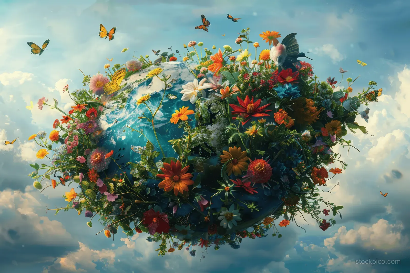 A floating globe covered in vibrant flowers with butterflies and birds over a cloudy sky.