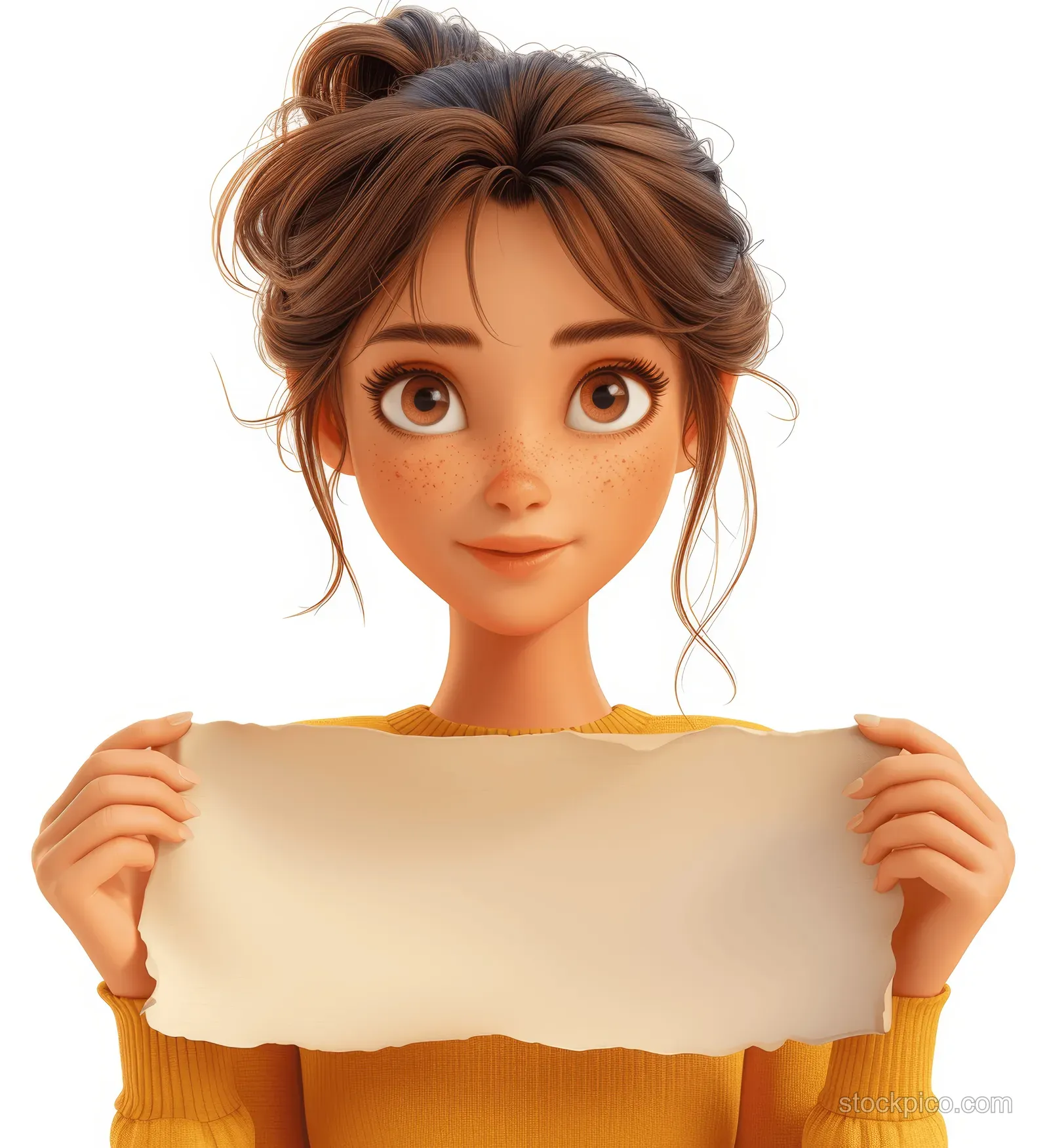 3D cartoon woman holding a blank banner on a white background, smiling with casual sweater sleeves visible.
