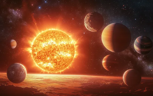 A glowing sun sits among several planets in a dark space scene.