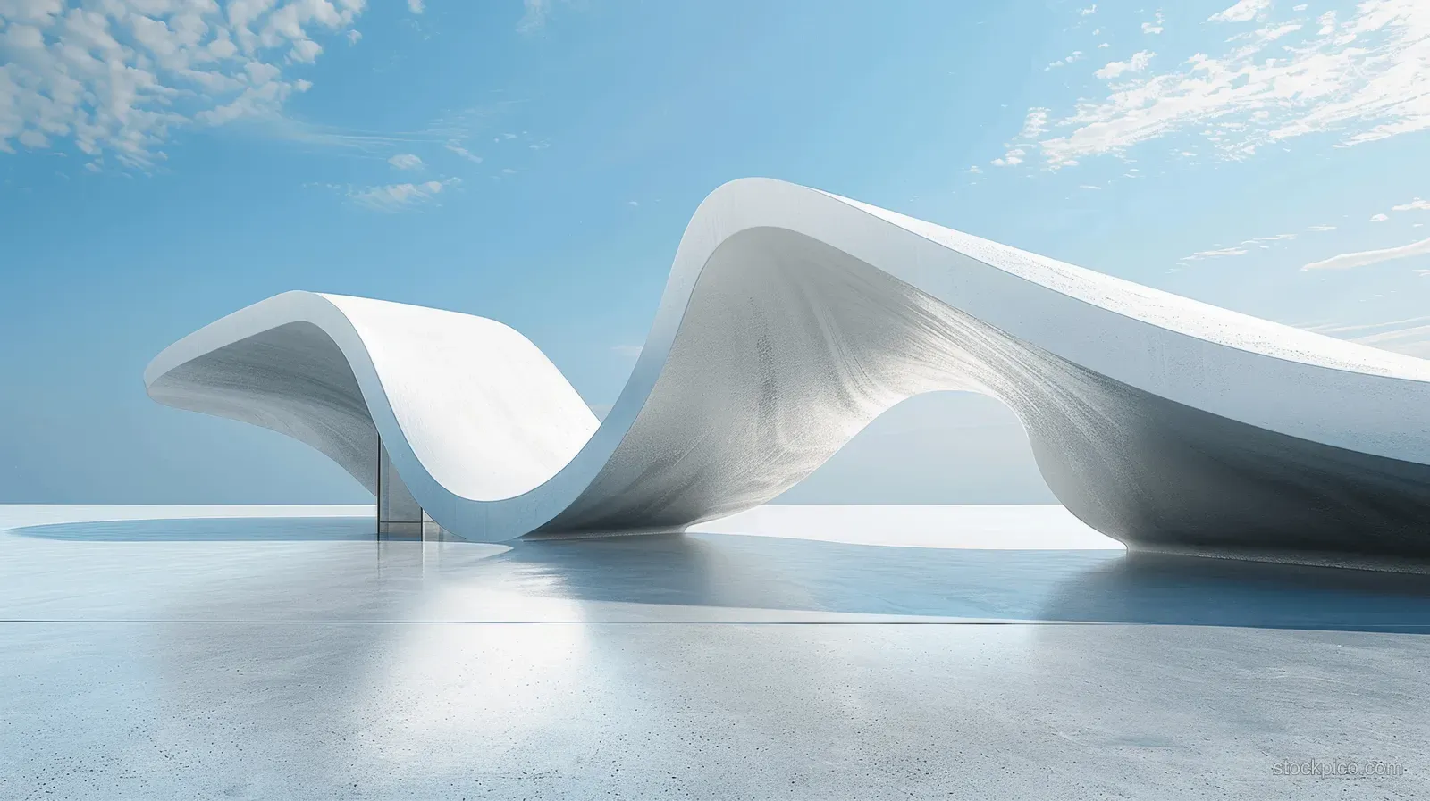 White abstract wave sculpture on an empty concrete floor beneath a blue sky.
