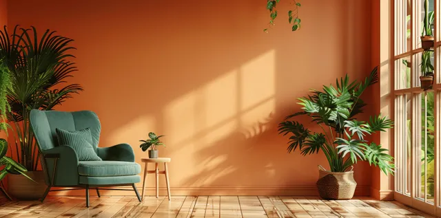 Green armchair beside a peach wall with potted plants, wooden floor, and sunlight from an open window in a Scandinavian room scene.