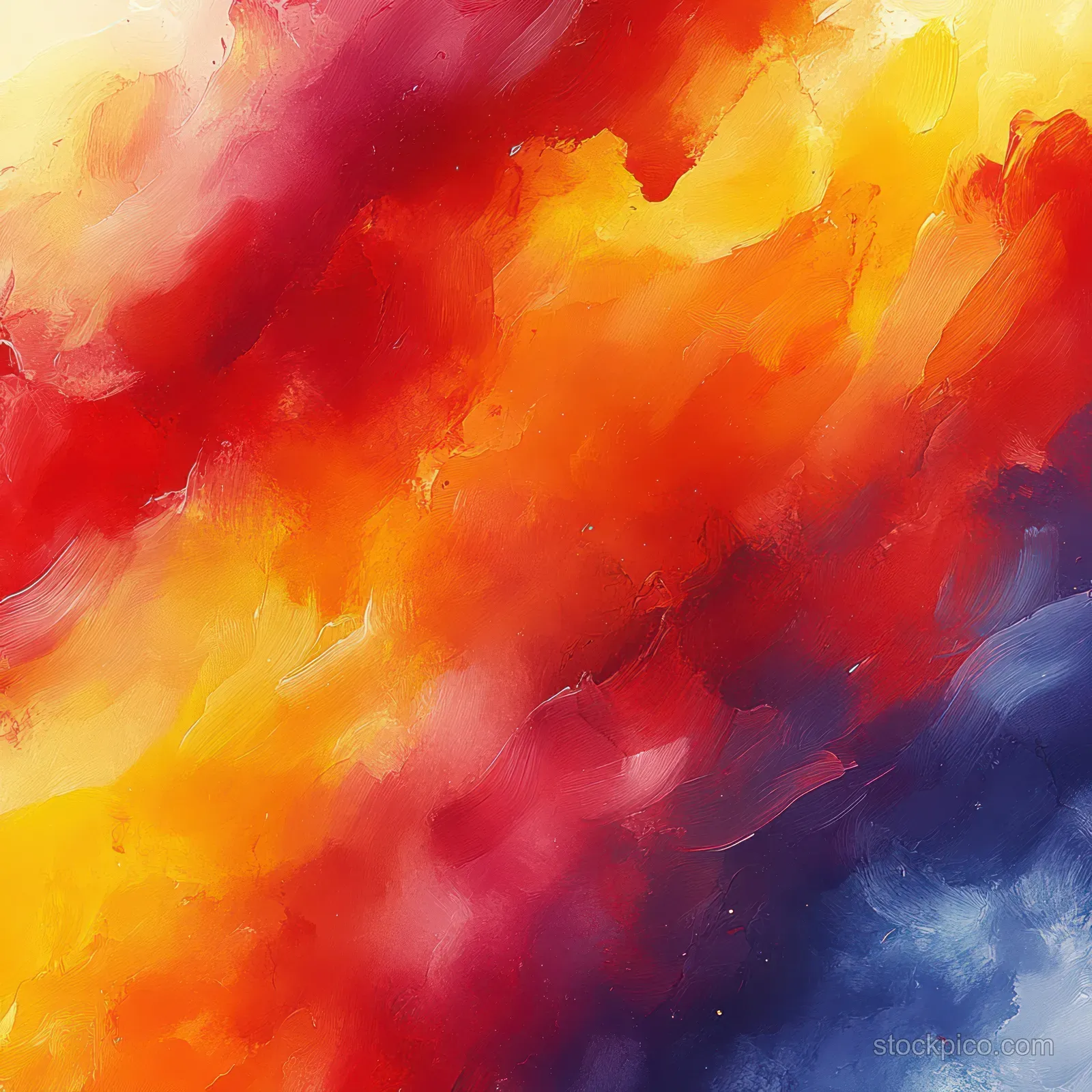 Abstract watercolor swirls in red, orange, yellow, and blue with layered brushstrokes.