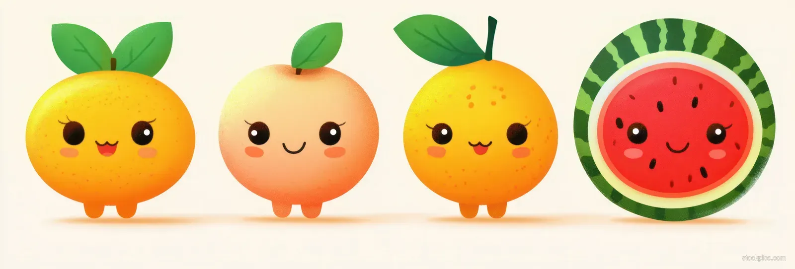 Two orange cartoon characters and a watermelon slice smile with expressive eyes and green leaves on a light background.