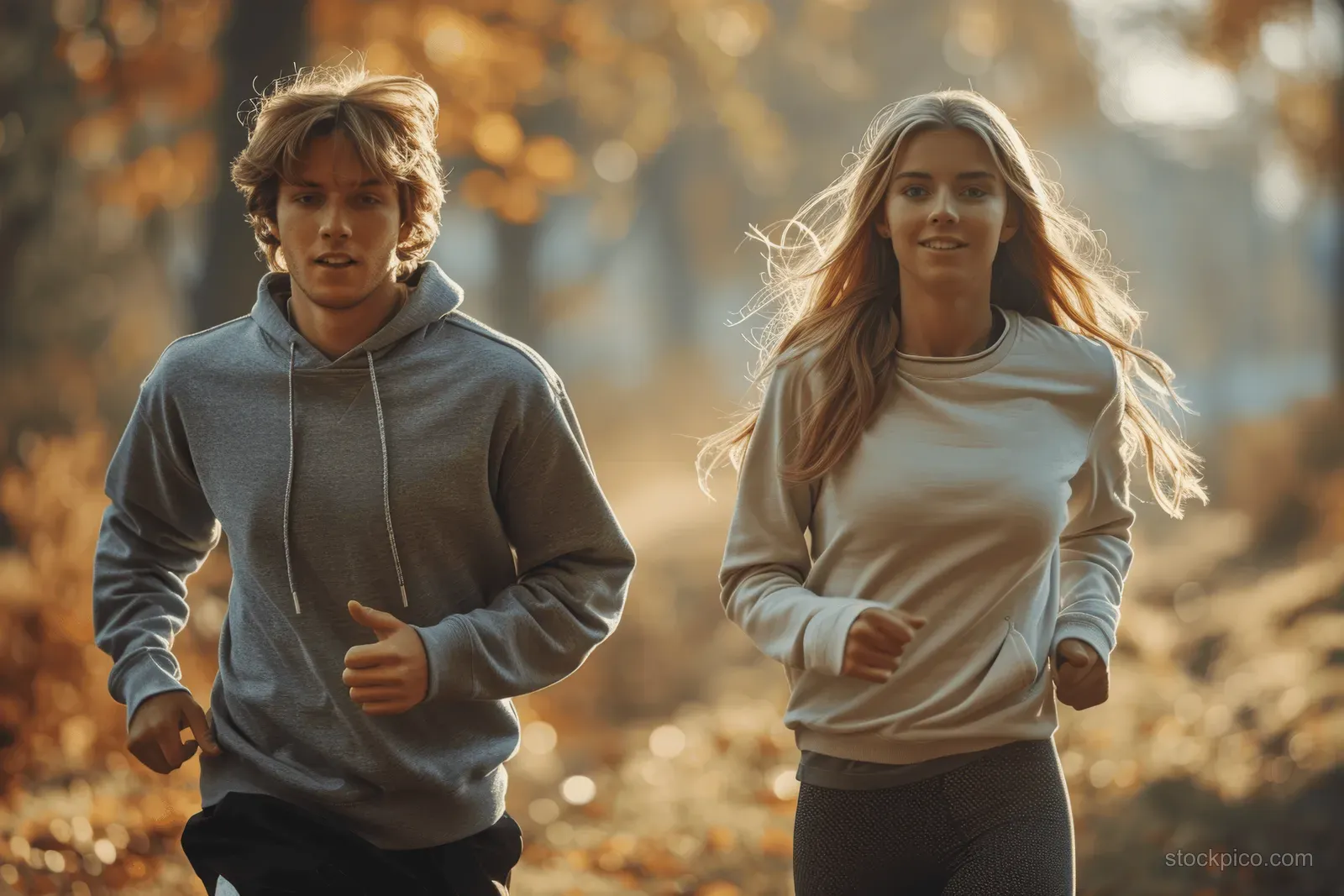 Smiling young couple jogs along an autumn park path wearing hoodies as golden leaves fill the background.