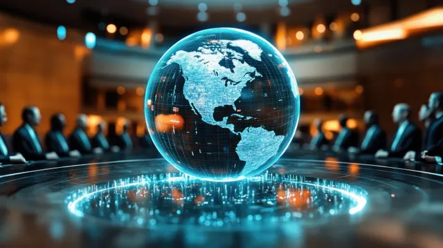 Blurred diplomats sit in a conference hall while a glowing holographic globe floats above a round table.