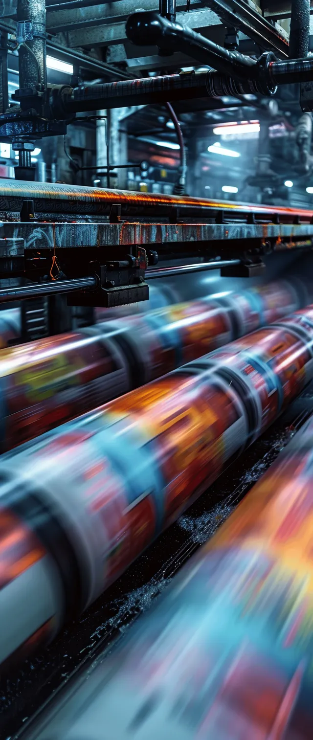 Blue-lit printing press rollers spin rapidly inside an industrial hall with light streaks and cable details.