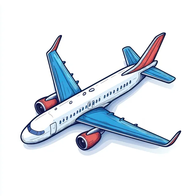 Top-down view illustration of a passenger airplane with blue wings and red engines.