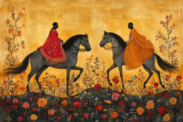 Traditional folk painting of two dressed women with galloping black horses across a flower-filled landscape in warm sunlight.