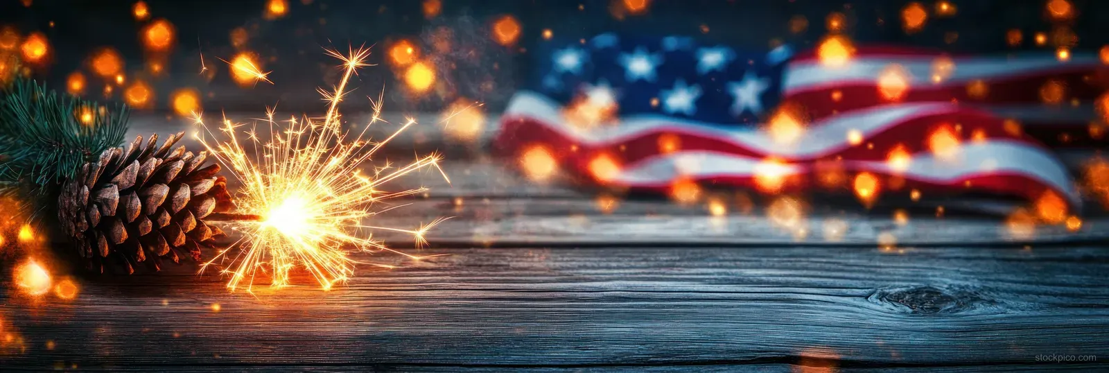 A sparkler burns beside an American flag on rustic wooden planks with glowing sparks and blurred lights.