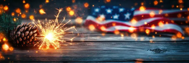 A sparkler burns beside an American flag on rustic wooden planks with glowing sparks and blurred lights.