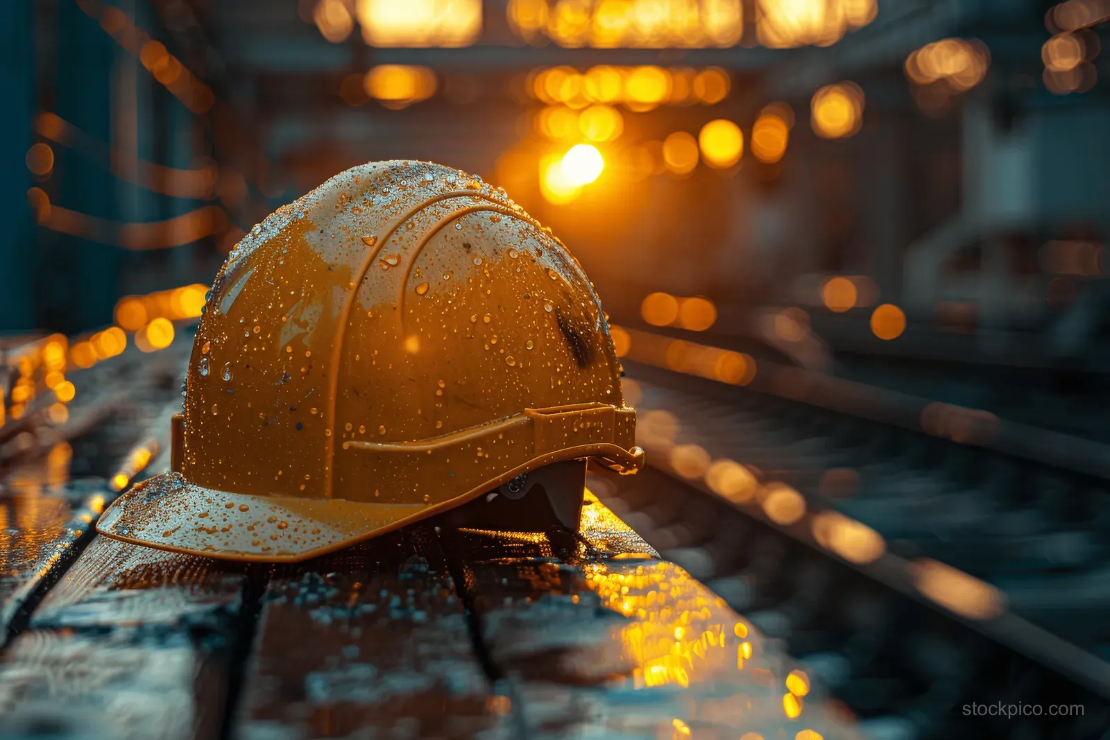 Yellow hard hat sits on a wooden table with glowing steel factory structures in sunset light behind it.