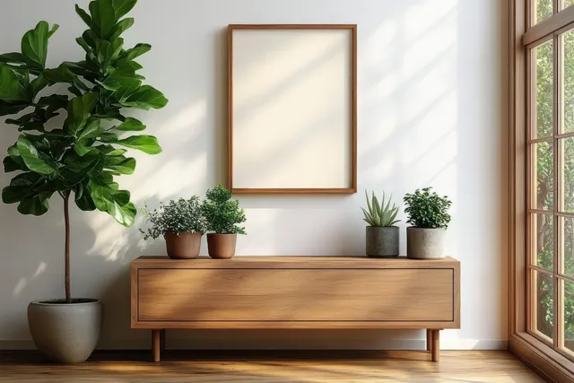 Wooden sideboard with potted plants and an empty picture frame, softly lit by sunlight from a nearby window.