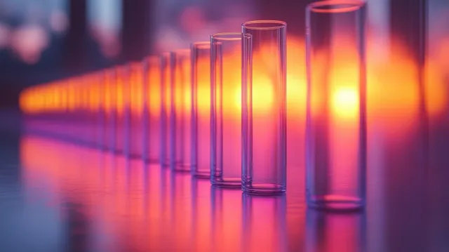 Transparent test tubes glow under warm purple and orange laboratory lighting with a blurred background.