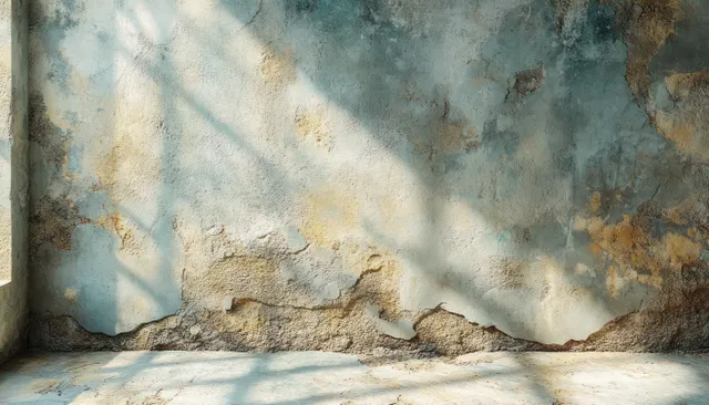 Weathered concrete wall corner with soft light, gentle shadows, and plaster texture