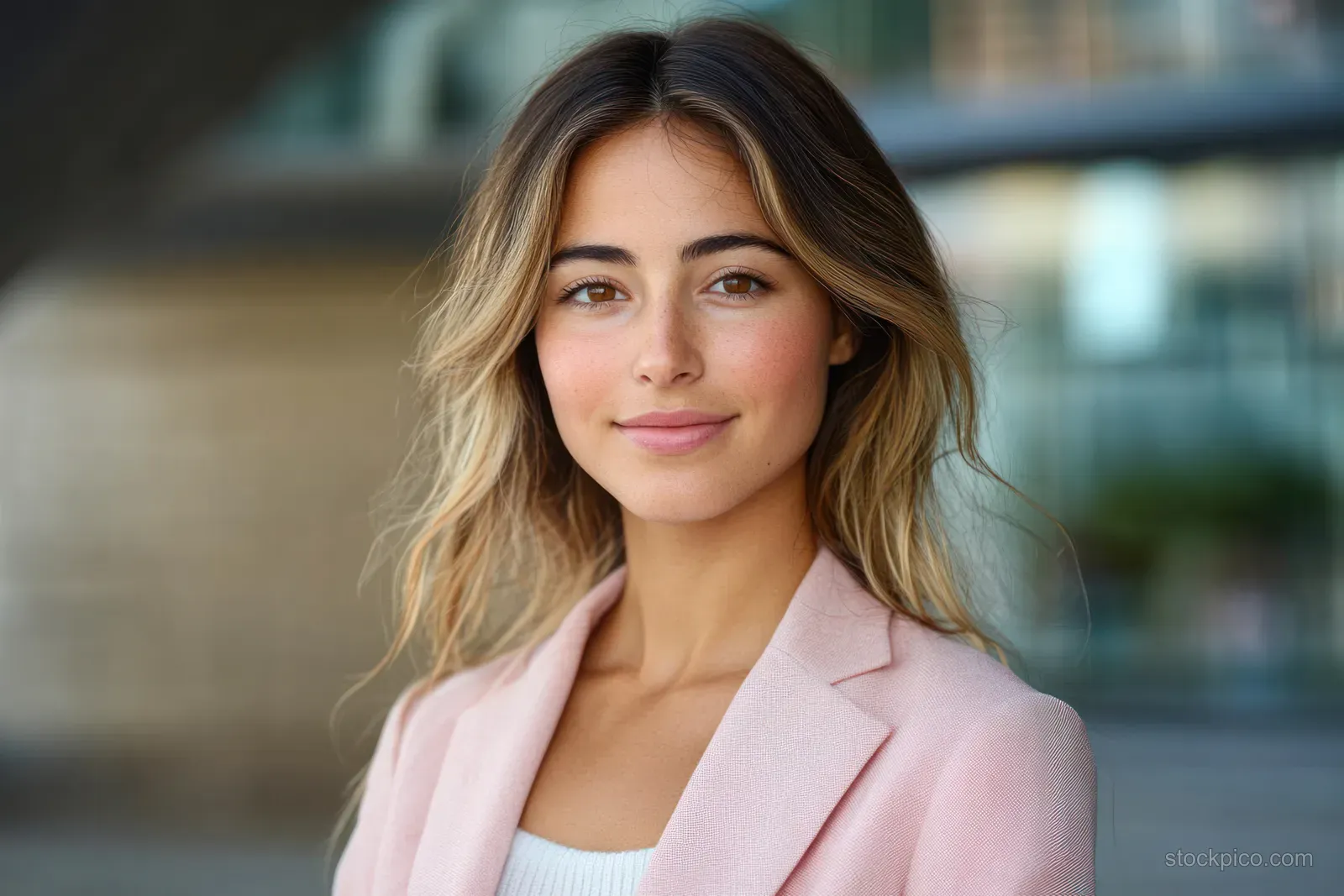 Smiling young woman in a pink blazer standing outdoors with blurred modern buildings behind her.