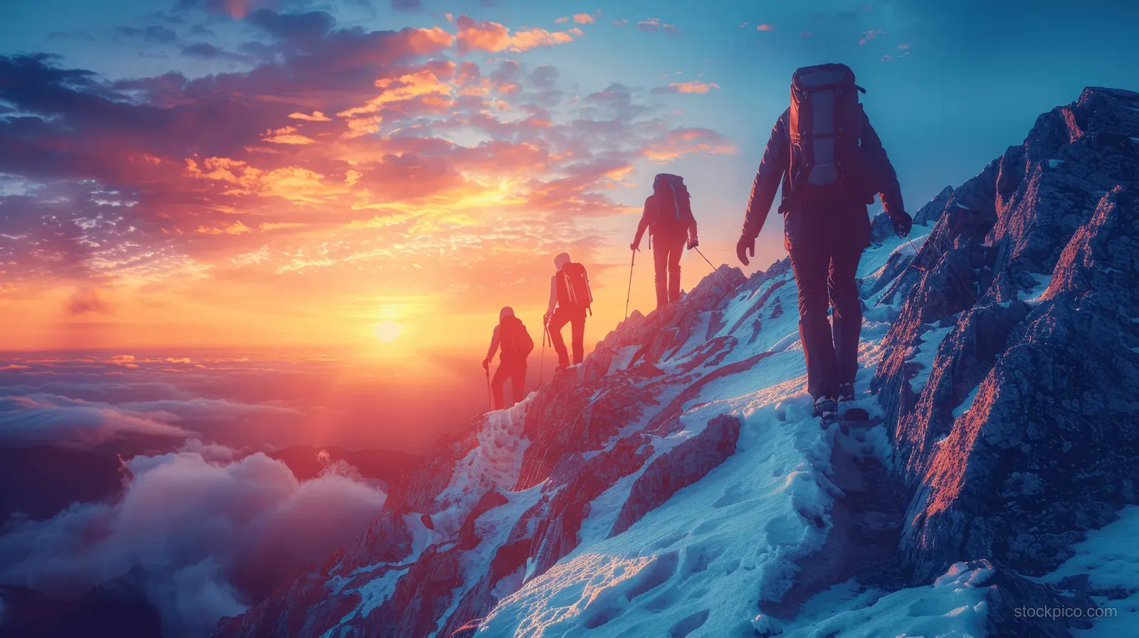 Hikers climb a snowy mountain ridge at sunrise beneath colorful clouds.