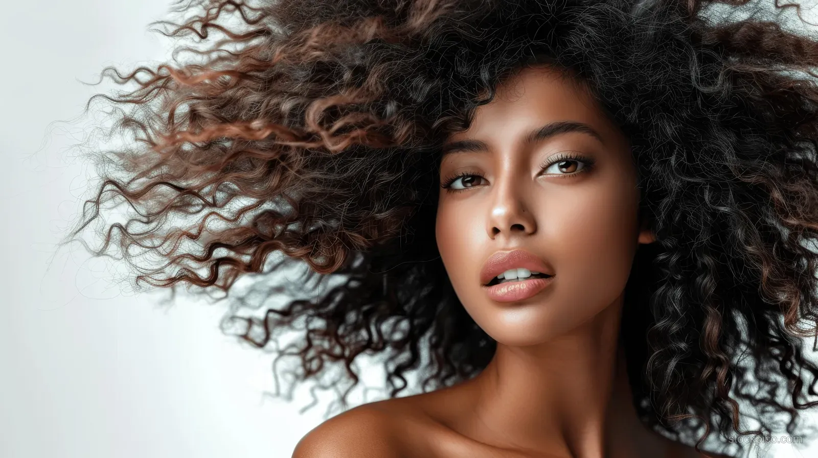 African American woman posing with long curly hair flowing in wind against a white studio background.