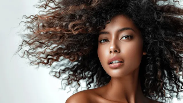 African American woman posing with long curly hair flowing in wind against a white studio background.