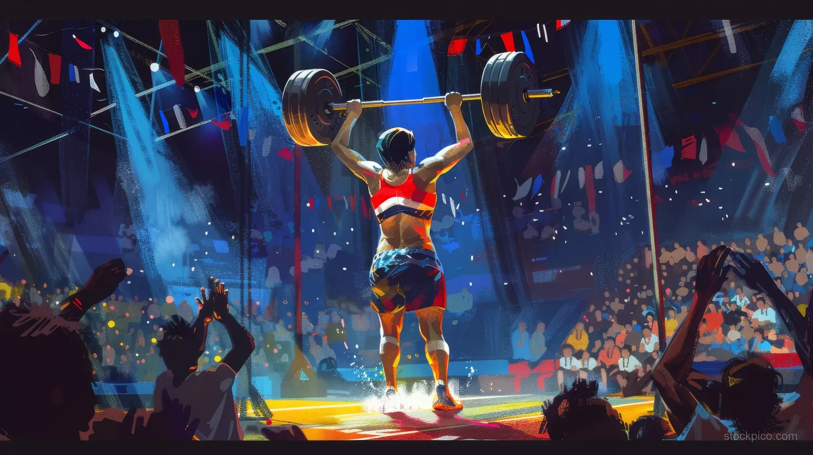 Thai female weightlifter overhead presses a barbell on a competition stage as confetti and crowd lights fill the background.