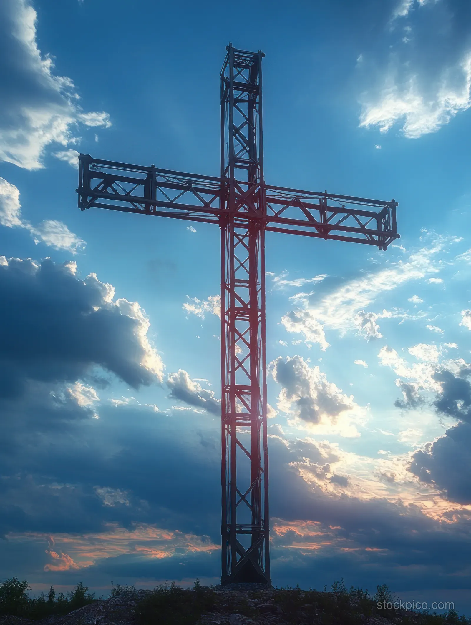 A towering metal cross silhouette on a hill with sun rays breaking through clouds at sunset.
