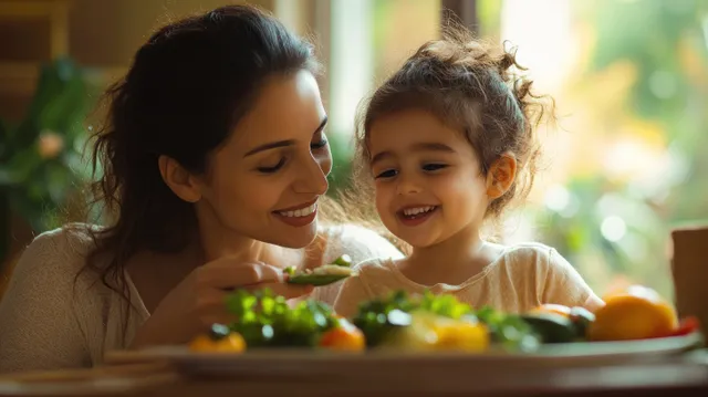 Smiling mother feeds a laughing toddler fresh vegetables at a sunlit indoor table.