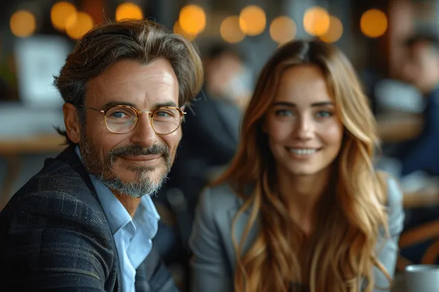 A smiling financial advisor and client sit in an office at night, facing the camera with warm blurred lights behind them.