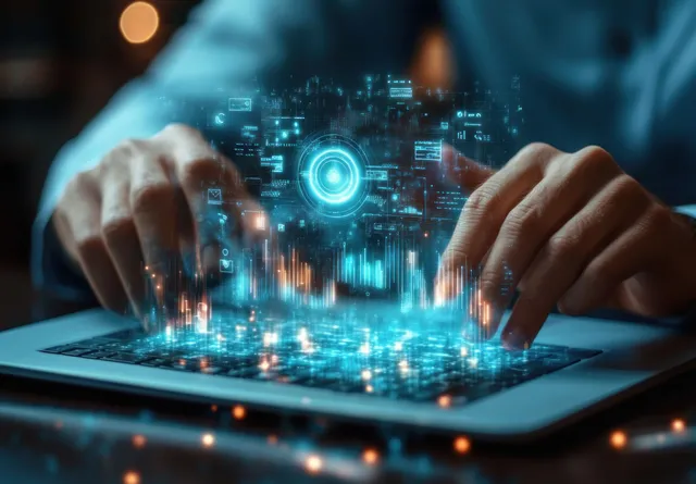 Hands using a holographic data interface above a laptop keyboard in dim blue light