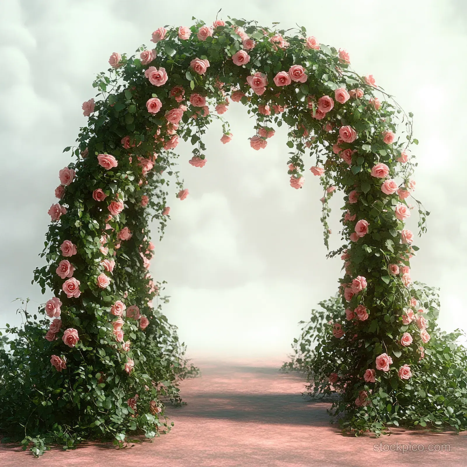 Pink rose floral arch with green vines frames a wedding walkway with a bright outdoor background.