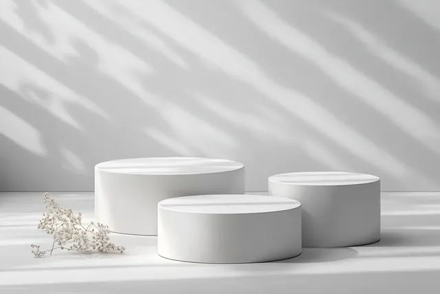 Three white cylindrical pedestals on a minimalist floor with soft light and striped shadows.