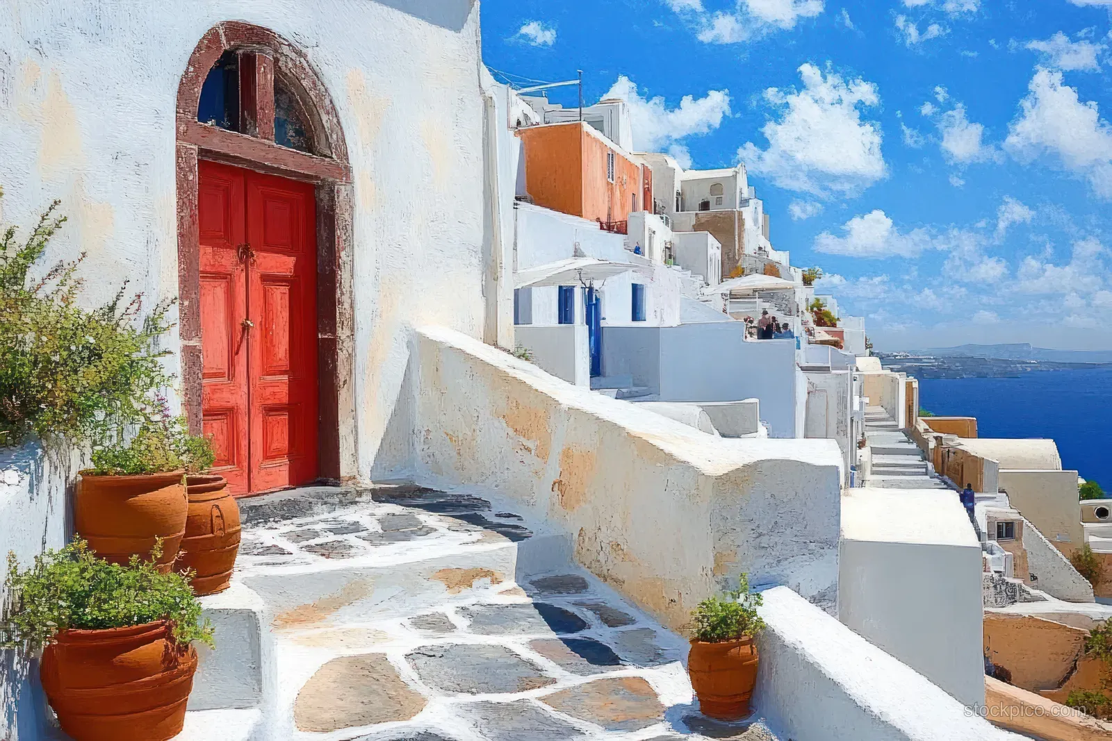 White stairway along a coastal village with a red door, terracotta planters, and a bright blue sky over the sea.