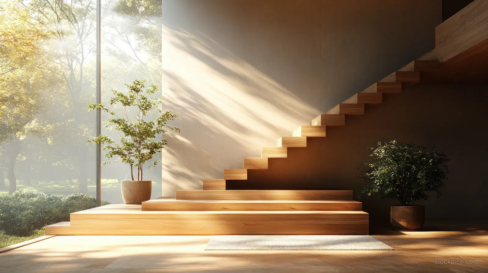 Sunlight falls on a minimalist wooden staircase inside a Scandinavian room with potted plants and a large window.