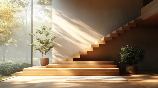 Sunlight falls on a minimalist wooden staircase inside a Scandinavian room with potted plants and a large window.