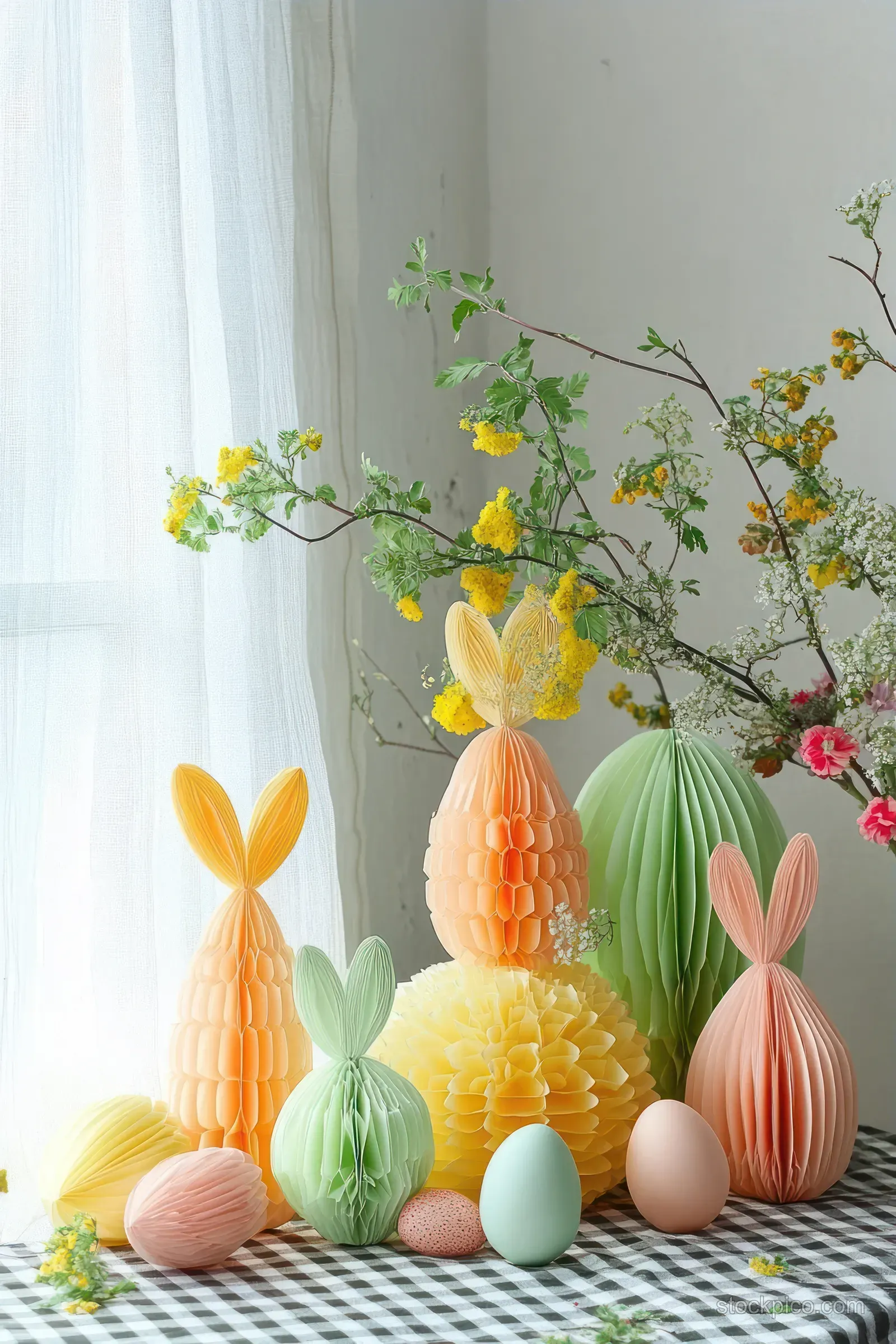 Pastel honeycomb paper bunnies and Easter eggs arranged on checkered cloth beside a bright window and blooming flowers.