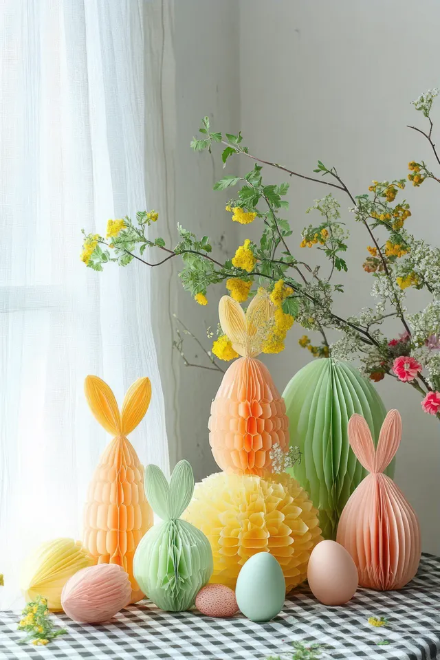 Pastel honeycomb paper bunnies and Easter eggs arranged on checkered cloth beside a bright window and blooming flowers.