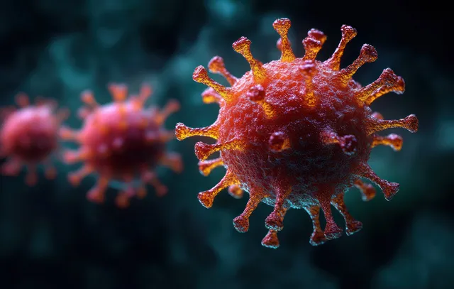 A red virus particle with spiked proteins floats against a dark blue background with blurred virus particles behind it.