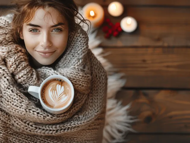 Cozy woman in oversized scarf holding a steaming coffee mug beside a fireplace