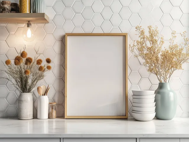 Scandinavian kitchen counter with empty frame against hexagonal tiled wall and soft plants