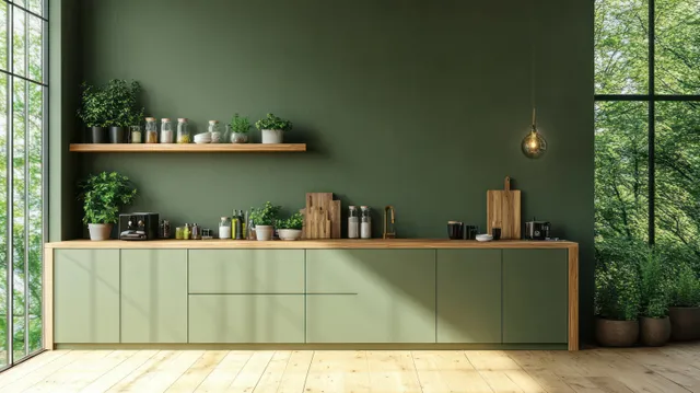 Minimalist kitchen interior with green walls, wood shelves, and countertop softly lit by daylight from a large window.