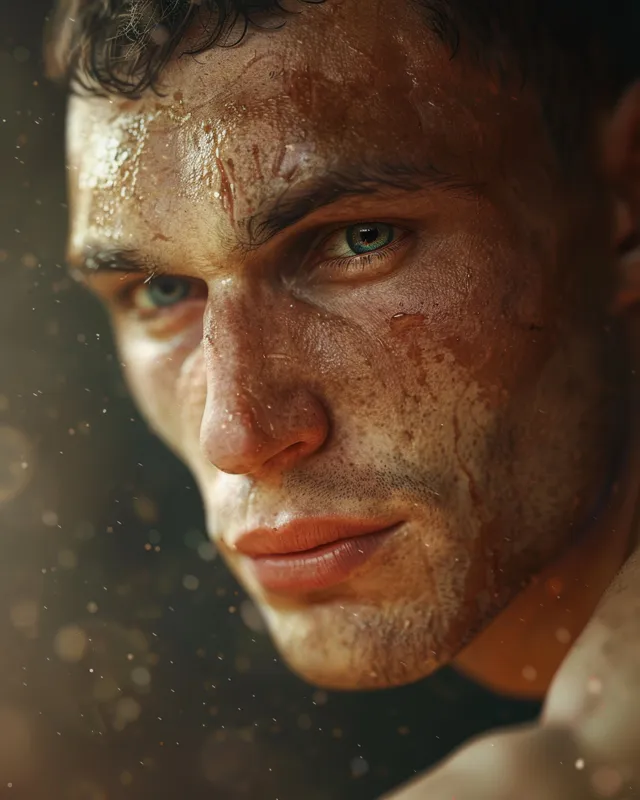 Close-up portrait of a Greco-Roman wrestler with chalk-dusted grit, focused before a match