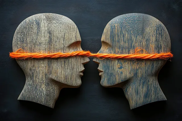 Two wooden head silhouettes face each other, tied together by tangled orange string
