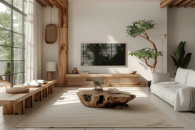 Bright Scandinavian living room with white walls, natural wood furniture, large window light, and a rustic log coffee table.