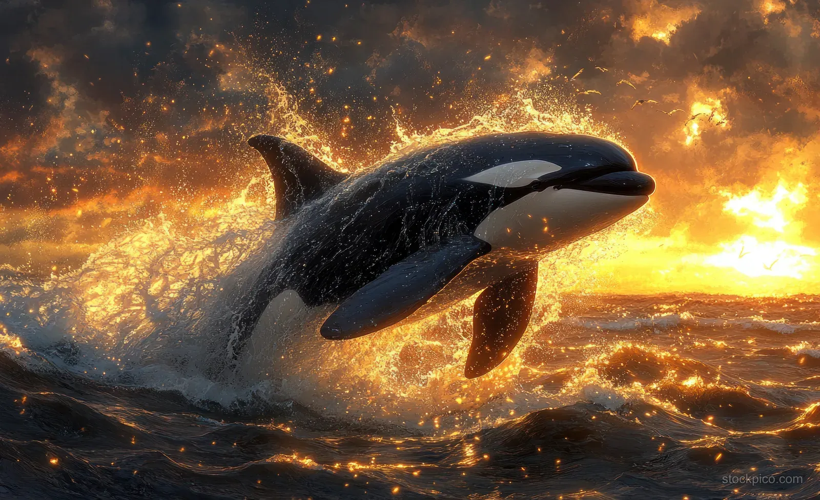 Black and white orca breaching above golden sunset waves, splashing water in a Norwegian fjord.