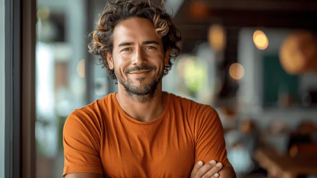 Smiling bearded man in an orange T-shirt stands in a modern office with arms crossed.