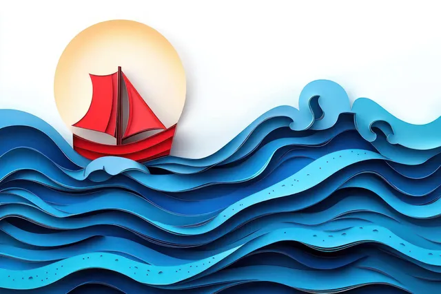 Red paper-cut sailboat sits in a glowing circle above layered blue ocean waves with curled crests.