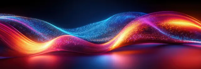 Neon particle waves ripple across a dark background in blue, pink, and orange light trails.