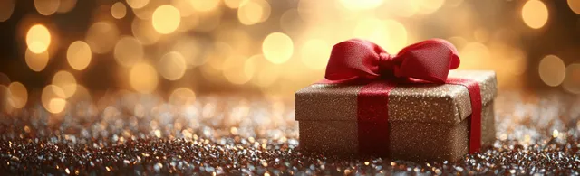 Wrapped Christmas gift box with red bow on a glittery surface with golden bokeh lights behind it.